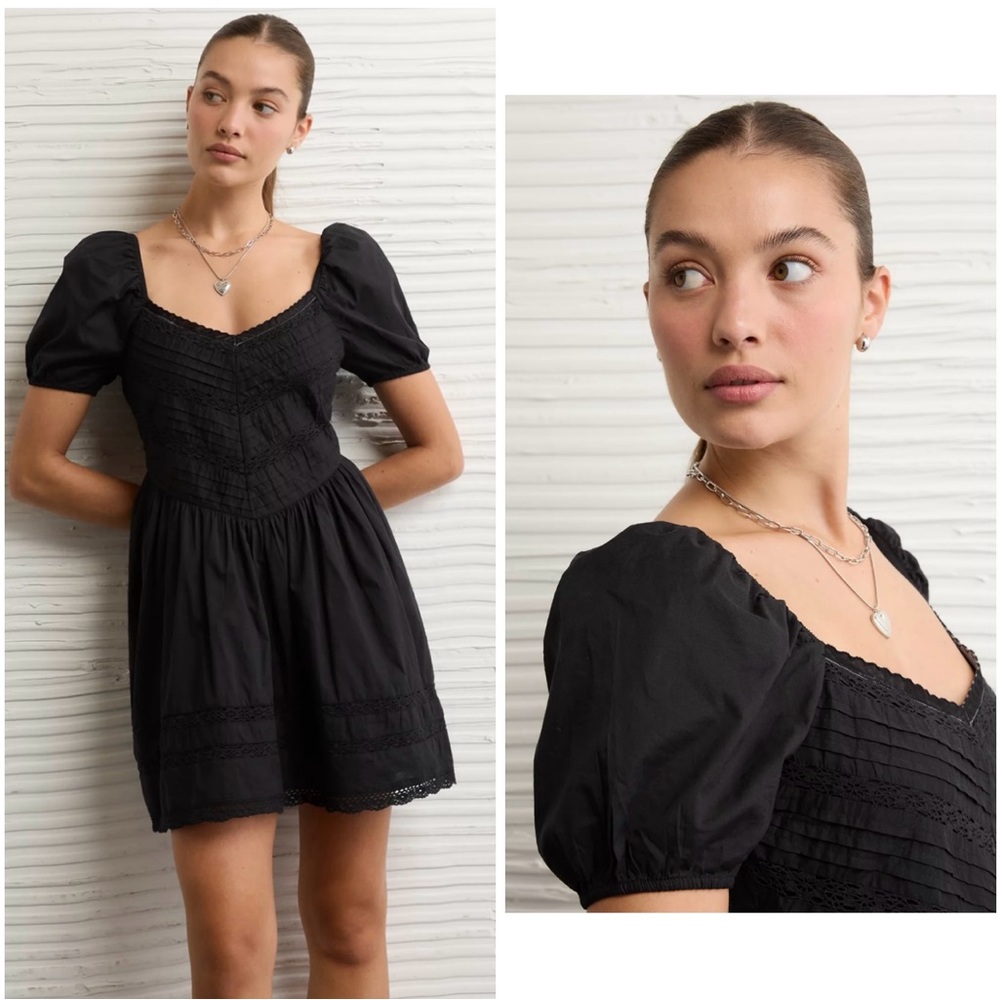NWT-AE American Eagle Bella Puff Sleeve Mini Dress Black